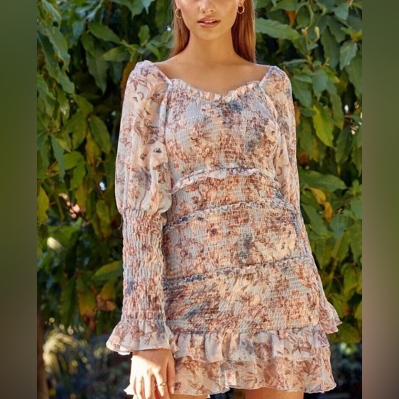 SNDYS | Violet Tiered Ruched Puff Sleeve Shirred Sheer Floral Dress - Picture 1 of 5